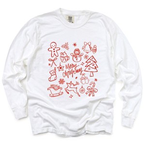 Merry Christmas Sketched Icons - Women's Garment Dyed Long Sleeve Graphic T-Shirt - 1 of 4