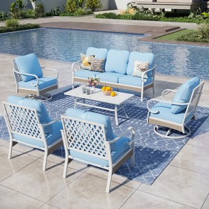 Captiva Designs 6pc Extra Large Metal and Rattan Outdoor Patio Conversation Set with Swivel Grid-back Chairs and Table - 1 of 4