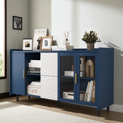 Modern 55" Kitchen Pantry Buffet Cabinet with Glass Doors,Drawers & Open Shelves –Multipurpose Coffee Bar Storage Cabinet for Kitchen & Living Room