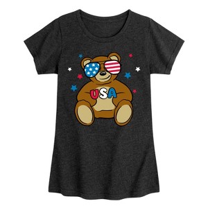 Girls' - Instant Message - Teddy Bear USA Red White Blue Sunglasses Fitted Short Sleeve Graphic T-Shirt - 1 of 4
