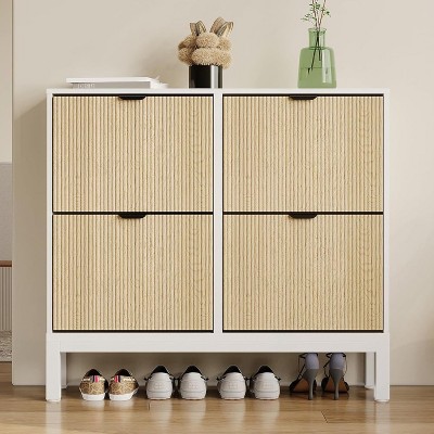 Shoe Cabinet with 3 Flip Doors & 1 Drawer, Modern Fluted Shoe Organizer for Entryway,Hallway(Black+Grey)