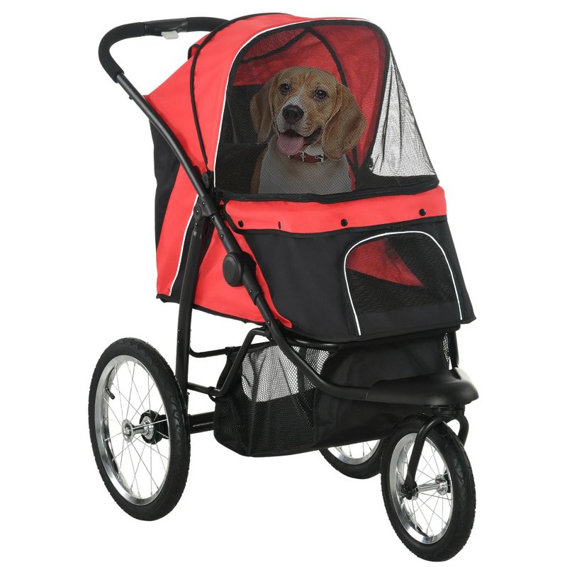 PawHut Pet Stroller for Small Dogs and Medium Dogs, Foldable Cat Pram, Dog Pushchair with Adjustable Canopy, 3 Big Wheels, 1 of 7