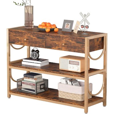 Light Luxury Console Table with Drawers, Entryway Table with 2 Shelves, Rustic Brown Sofa Table with Gold U-Shaped Frame and Adjustable Feet