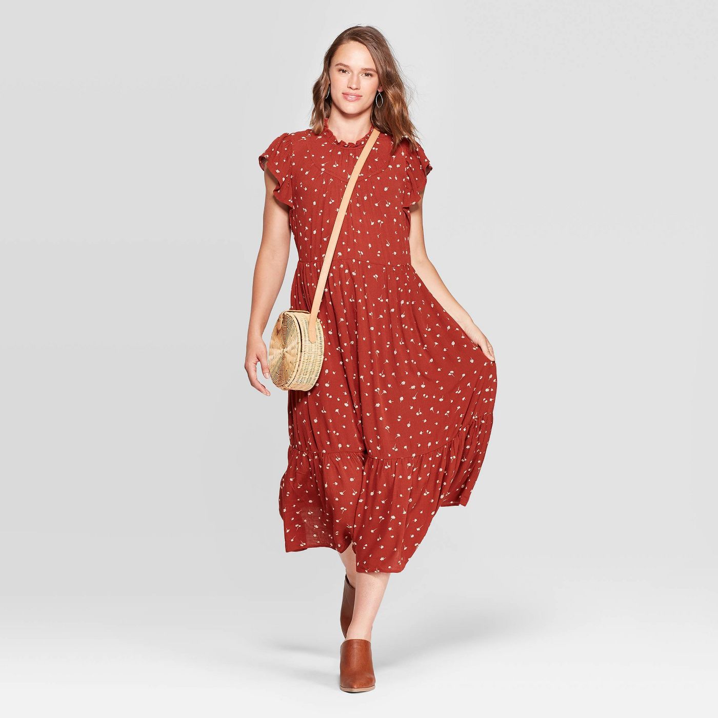Women's Floral Print Sleeveless High Crewneck Midi Dress - Universal Thread™ Rust - image 1 of 3