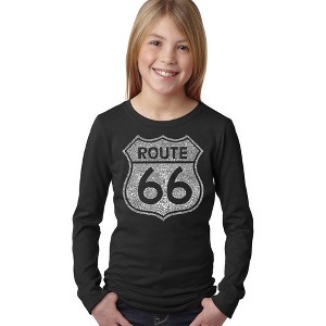 LA Pop Art Girl's Word Art Long Sleeve - CITIES ALONG THE LEGENDARY ROUTE 66 - 1 of 4