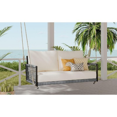 Okak 2-Person Patio Swing Bench with Cushions&Chains,Large Rattan Hammock Swing Sofa for Courtyard,Garden&Poolside,650LBS Capacity