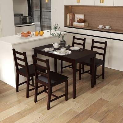 Brown Solid Pine Wood Dining Set with 4 High Back Chairs