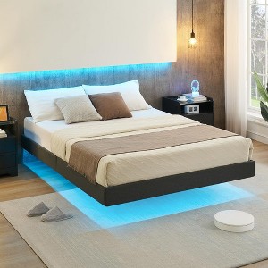 Floating Bed Frame with Led Lights Modern Upholstered Platform Bed Frame No Box Spring Needed Easy Assembly Grey - 1 of 4