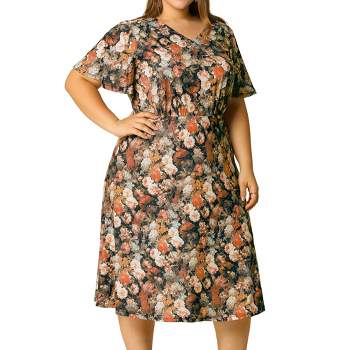 Agnes Orinda Women's Plus Size Regular Fit Elegant Short Sleeve Floral Pattern Dress