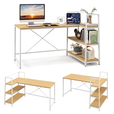 Tangkula 59" L-Shaped Computer Desk Large Reversible Corner Desk w/ Storage Shelves Space-Saving Writing Table PC Laptop Gaming Desk White + Natural
