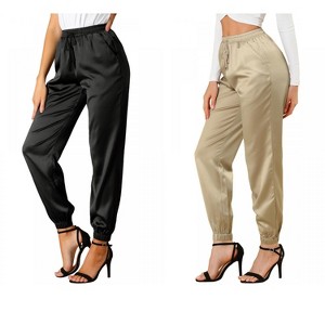 Allegra K Women's Drawstring Elastic Waist Ankle Length Satin Joggers with Pocket 2 Pcs - 1 of 4