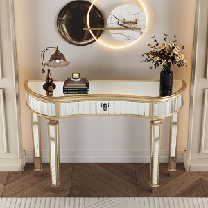 PAGED Luxury Entryway Table Half-Moon Mirrored Console Table Sofa Table with Fluted Glass & Crystal Knob Drawer for Living Room, Entrance - 1 of 4