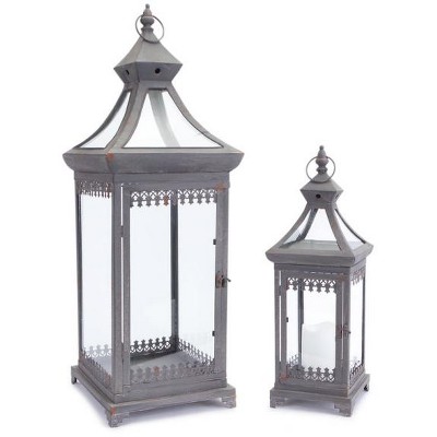 Melrose Set of 2 Brocade Bourgeoisie Weathered Metal and Glass Pillar Candle Holder Lanterns 29"