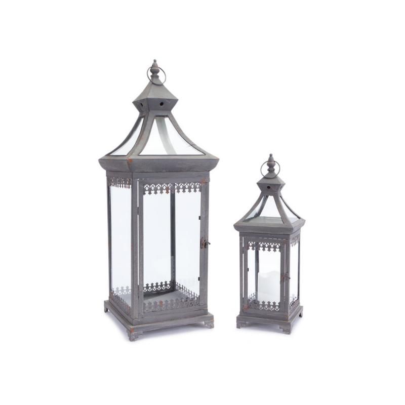 Melrose Set of 2 Brocade Bourgeoisie Weathered Metal and Glass Pillar Candle Holder Lanterns 29", 1 of 2
