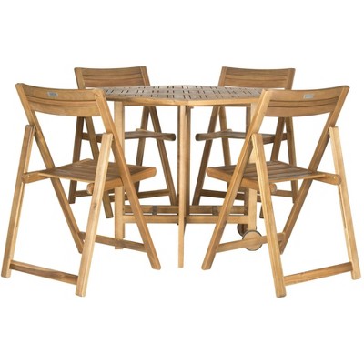 Natural Acacia Wood Round Patio Dining Set with Foldable Chairs