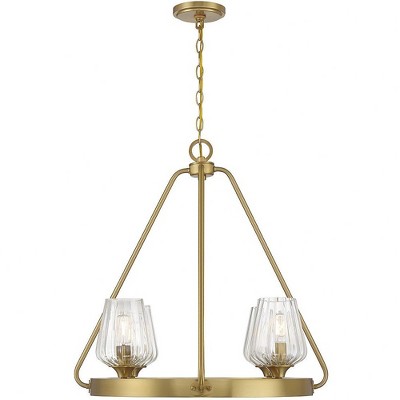 Warm Brass 4-Light Chandelier with Ribbed Glass Shades