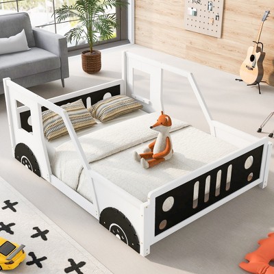 ALEXOUN Floor Classic Car-Shaped Bed Frame with Fence and Door,Solid Wood Full Platform Bed for Kids Boys Girls,No Box Spring Needed