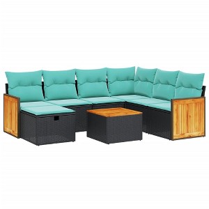 vidaXL 8 Piece Patio Sofa Set with Cushions Gray Poly Rattan - Black and Blue With Table - 1 of 4