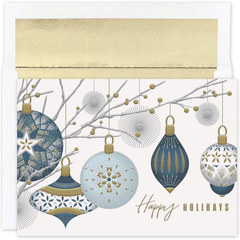 Masterpiece Studios Holiday Collection 16-Count Boxed Embossed Christmas Cards with Foil-Lined Envelopes, 7.8" x 5.6", Silver & Gold Baubles (939300), 1 of 3
