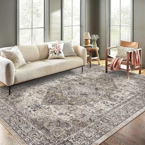Vintage Floral Distressed Washable Rug - Soft, Stain-Resistant Low Pile Carpet with Non-Slip Backing for Bedroom, Living Room & Office - 1 of 4