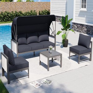 COWLOWN 4 Piece Dark Gray Aluminum Patio Set with Retractable Canopy & Coffee Table, Contemporary Outdoor Furniture for Lawn, Yard, Balcony and Porch - 1 of 4