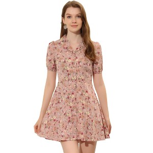 Allegra K Women's Button Up Short Sleeve A-Line Chiffon Vintage Floral Shirt Dress - 1 of 4