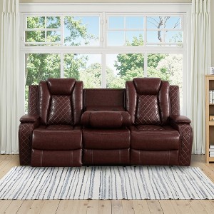 MAYEERTY Power Reclining Sofa, Electric 3-Seat Leather Recliner with USB Charging, Reversible Table & Ambient LED Lighting for Living Room, Brown - 1 of 4