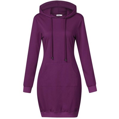 Women Long Sleeve Pocket Solid Color Pullover Hooded Tunic Dress