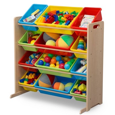 Natural Wood Kids Storage Organizer with Primary Color Bins