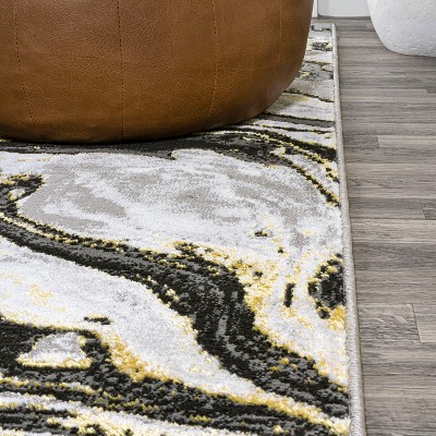 Abstract Swirl Marbled 4'x6' Black & Yellow Synthetic Rug