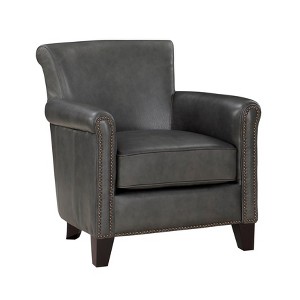 Classic Traditional Gray Accent Chair 1pc Solid Wood Frame Top-Grain Leather Nailhead Trim Living Room Furniture - 1 of 4