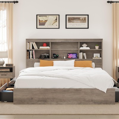 Full Size Bed Frame with High Storage Bookcase Headboard, Wood Bed Frame with 4 Storage Drawers