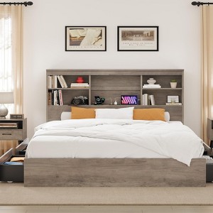 Full Size Bed Frame with High Storage Bookcase Headboard, Wood Bed Frame with 4 Storage Drawers - 1 of 4