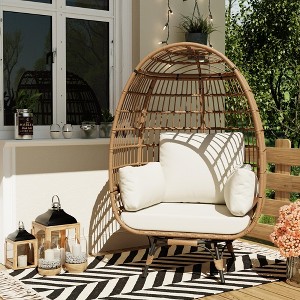 360° Swivel Oversized Egg Chair, PE Rattan Patio Lounge Chair with Plush Cushion, Steel Frame & Metal Base, Waterproof Wicker Basket Design - 1 of 4