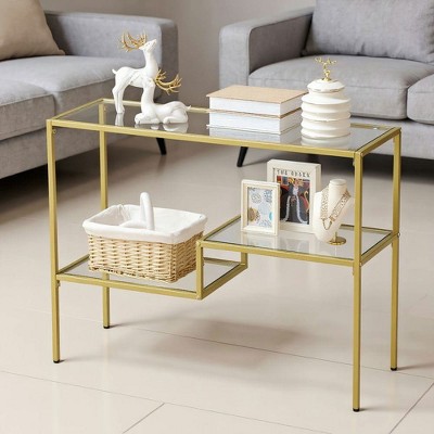 Resenkos Gold Console Table, 39" Glass Sofa Table, Narrow Entryway with 3 Shelves, Steel Frame, Adjustable Feet, Anti-tipping, Tempered Glass, Gold