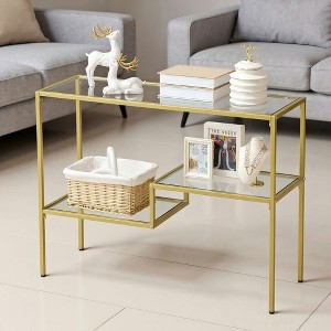 Resenkos Gold Console Table, 39" Glass Sofa Table, Narrow Entryway with 3 Shelves, Steel Frame, Adjustable Feet, Anti-tipping, Tempered Glass, Gold - 1 of 4