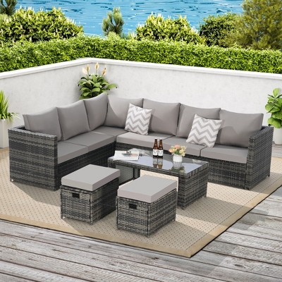 6 Pieces Outdoor Patio Furniture Sets, PE Rattan Wicker Patio Conversation Set with Tea Table