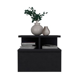 Floating Nightstand 12"H, Wall Mounted with Single Drawer and 2-Tier Shelf, Black - 1 of 4