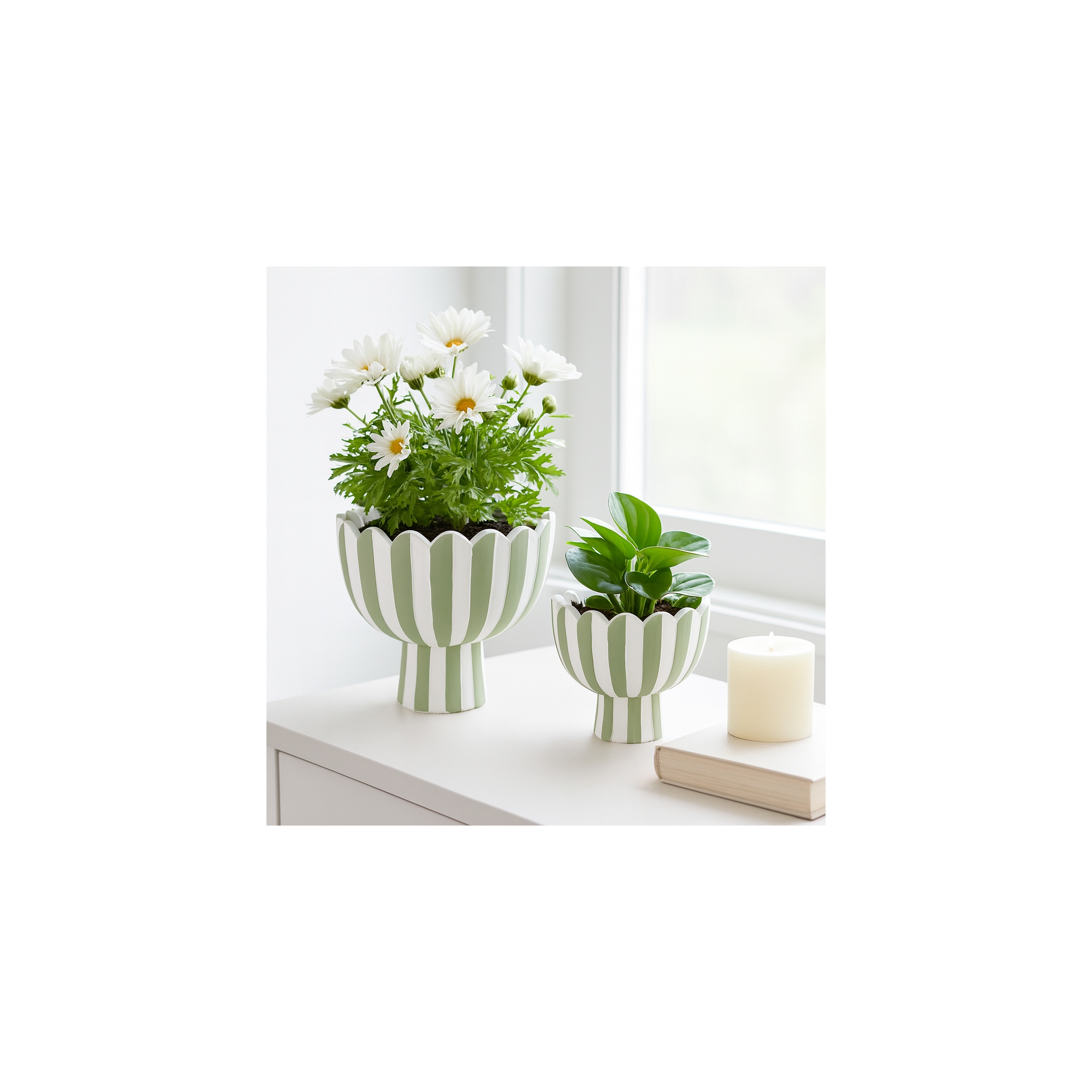 Round Flower Pots for Home Decor - Ceramic Textured Scallop Edge Striped Plant Pots for Garden Style Spaces - Set of 2, 8", 6", White & Green