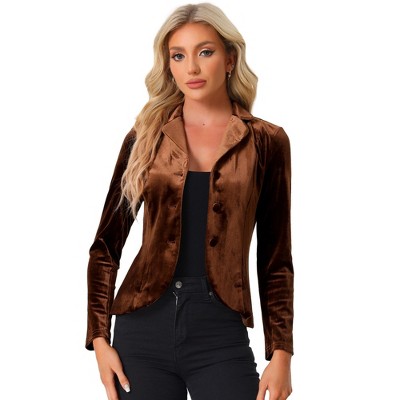 INSPIRE CHIC Women's Notched Lapel Long Sleeve Office Button Velvet Suit Blazer