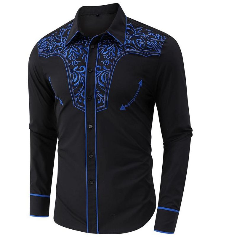 Men's Casual Western Embroidered Cowboy Shirts Button Up Long Sleeve Shirt Floral Design Retro Shirt, 3 of 7