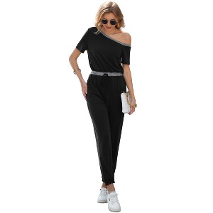 Womens Jumpsuit Casual One Piece Short Sleeve Off Shoulder Elastic Waist Romper with Pockets - 1 of 4