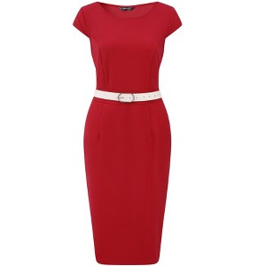INSPIRE CHIC Women's Cap Sleeve Work Belted Elegant Sheath Dress - 1 of 4