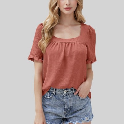 Anna-Kaci Women's Square Neck Top with Puff Short Sleeves and Ruffled Cuffs
