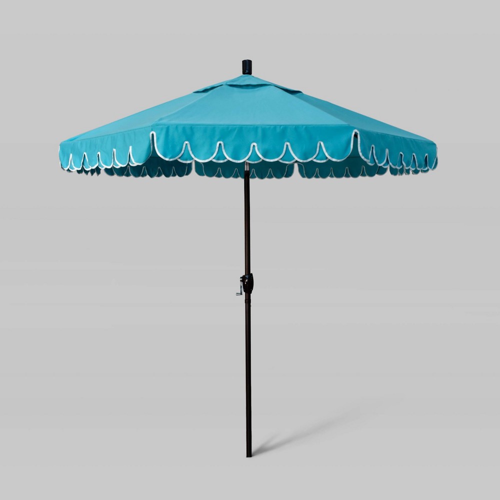 7.5' x 7.5' Sunbrella Scallop Base Base Market Patio Umbrella with Push Button Tilt Aruba Blue - Bronze Pole - California Umbrella