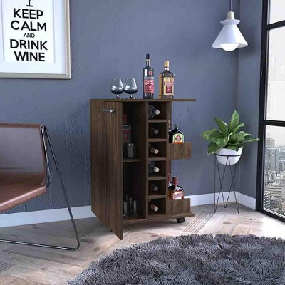 Vynxaria Bar Cart, Four Casters, Single Door Cabinet, Two External Shelves, Dark Walnut