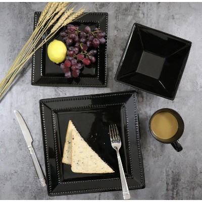 Lorren Home Trends 16 Piece Square Beaded Stoneware Dinnerware set, service for 4, Black