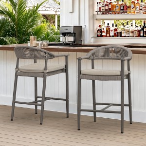 Arceso Bar Stools Set of 2, 24.8'' Aluminum Outdoor Bar Stool with Removable Cushion, Olefin Rope Woven Bar Chairs with Footrest. - 1 of 4