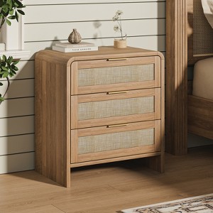 GDFStudio Ashton Rattan and Wood 3-Drawer Nightstand with Curved Design ...