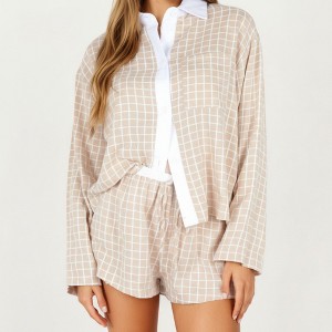 Anna-Kaci Lounge Women's Grid Print Lounge Set with Long Sleeve Button-Up Top and Elastic Waist Shorts- Beige,Small - 1 of 4